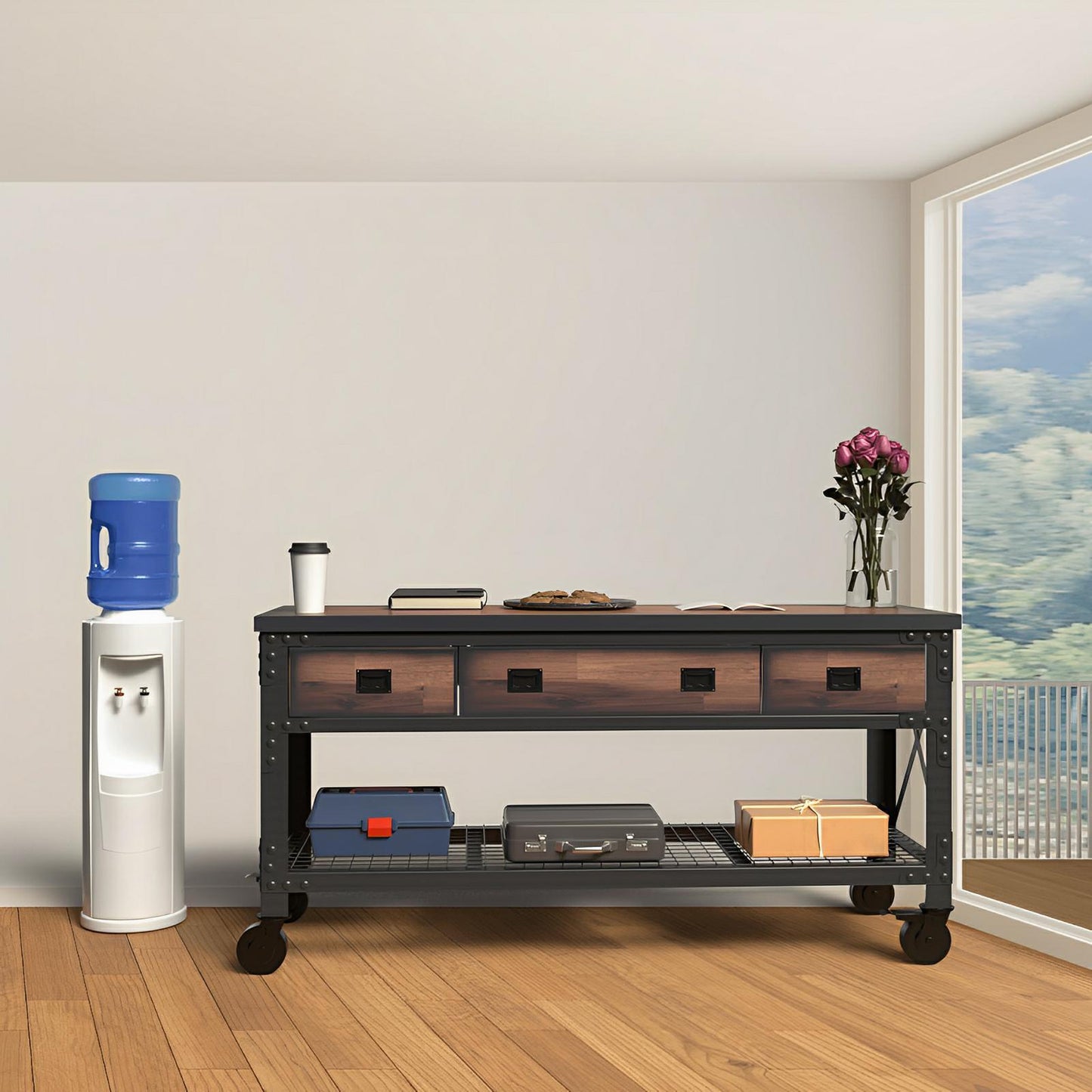Duramax 72x24 inch 3-Drawer Rolling Industrial Workbench in room with flowers and water cooler