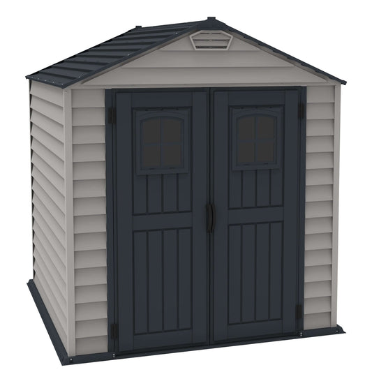 Duramax 7x7 StoreMax PLUS vinyl shed w/ robust design and molded floor. Ideal for storage and enhancing outdoor beauty.