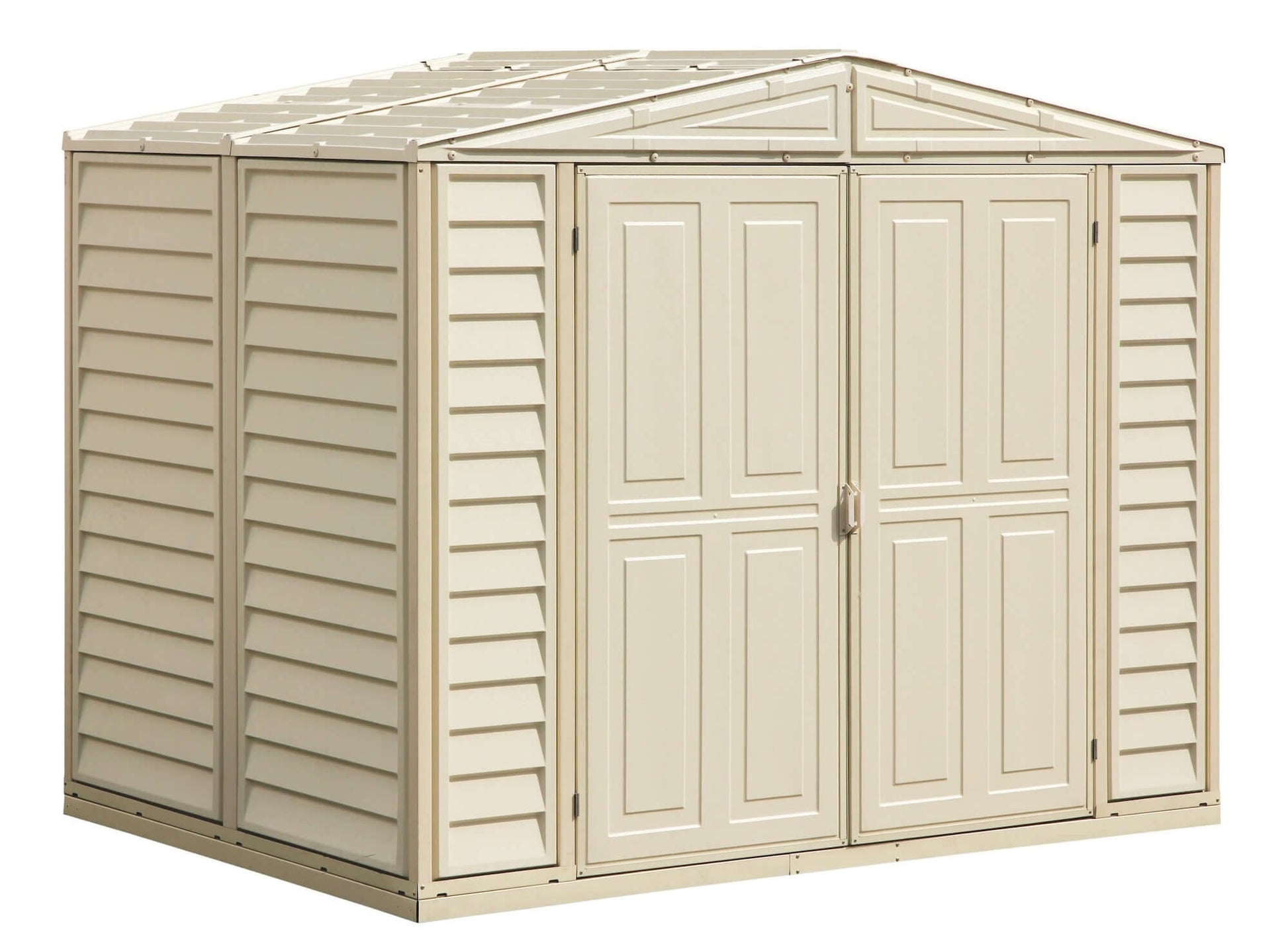 Duramax 8x6 DuraMate Vinyl Shed with foundation, ideal for storing garden tools, made from weather-resistant and maintenance-free material.