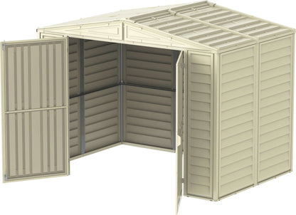 Duramax 8x6 DuraMate vinyl shed with open doors, showing spacious interior, ideal for garden equipment storage. Keywords: Duramax shed.