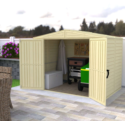 Duramax 8x6 DuraMate Vinyl Shed with open doors displaying gardening tools and equipment on a foundation platform.