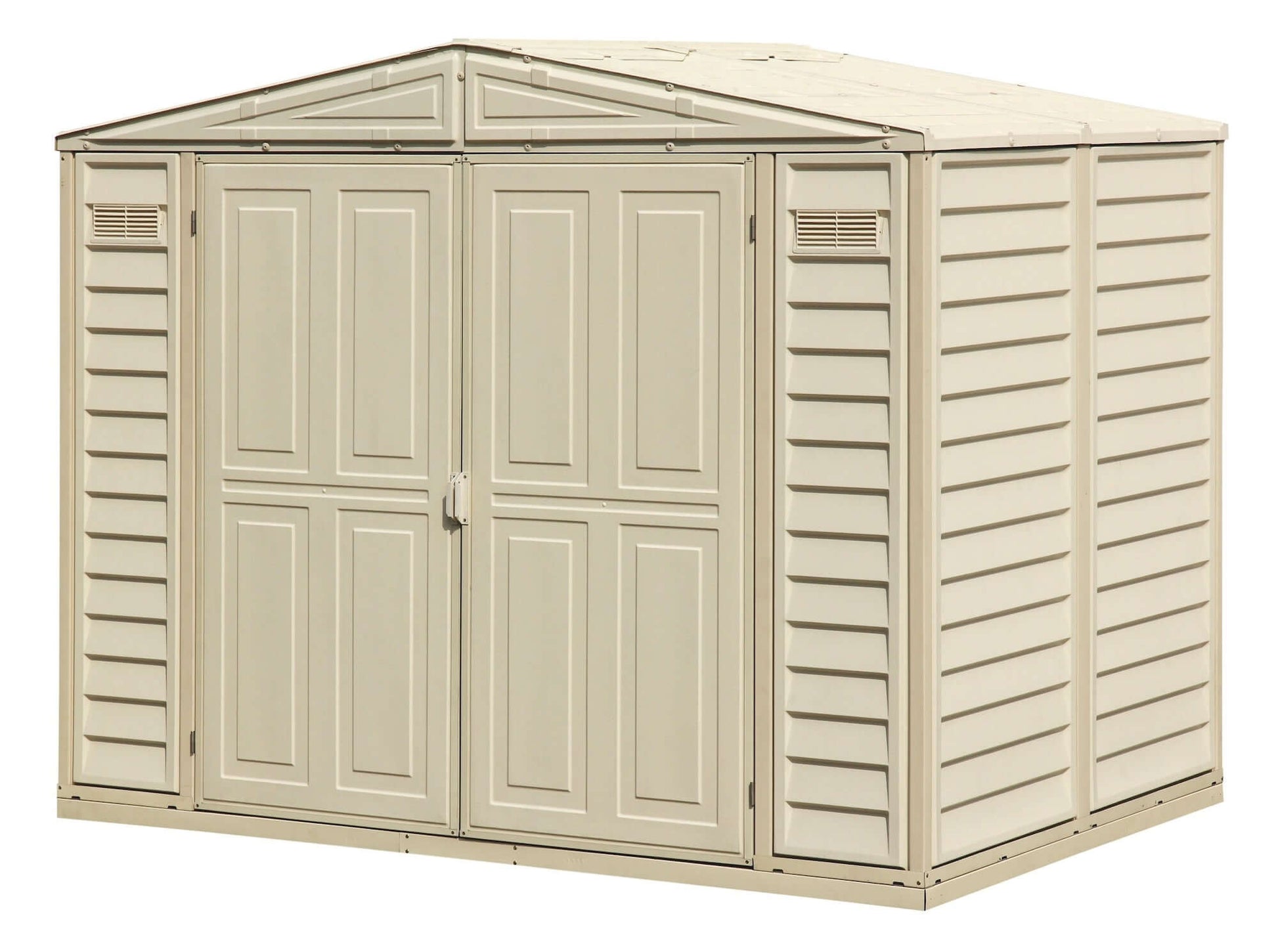 Duramax 8x6 DuraMate Vinyl Shed with Foundation, ideal for garden tool storage, durable and maintenance-free.