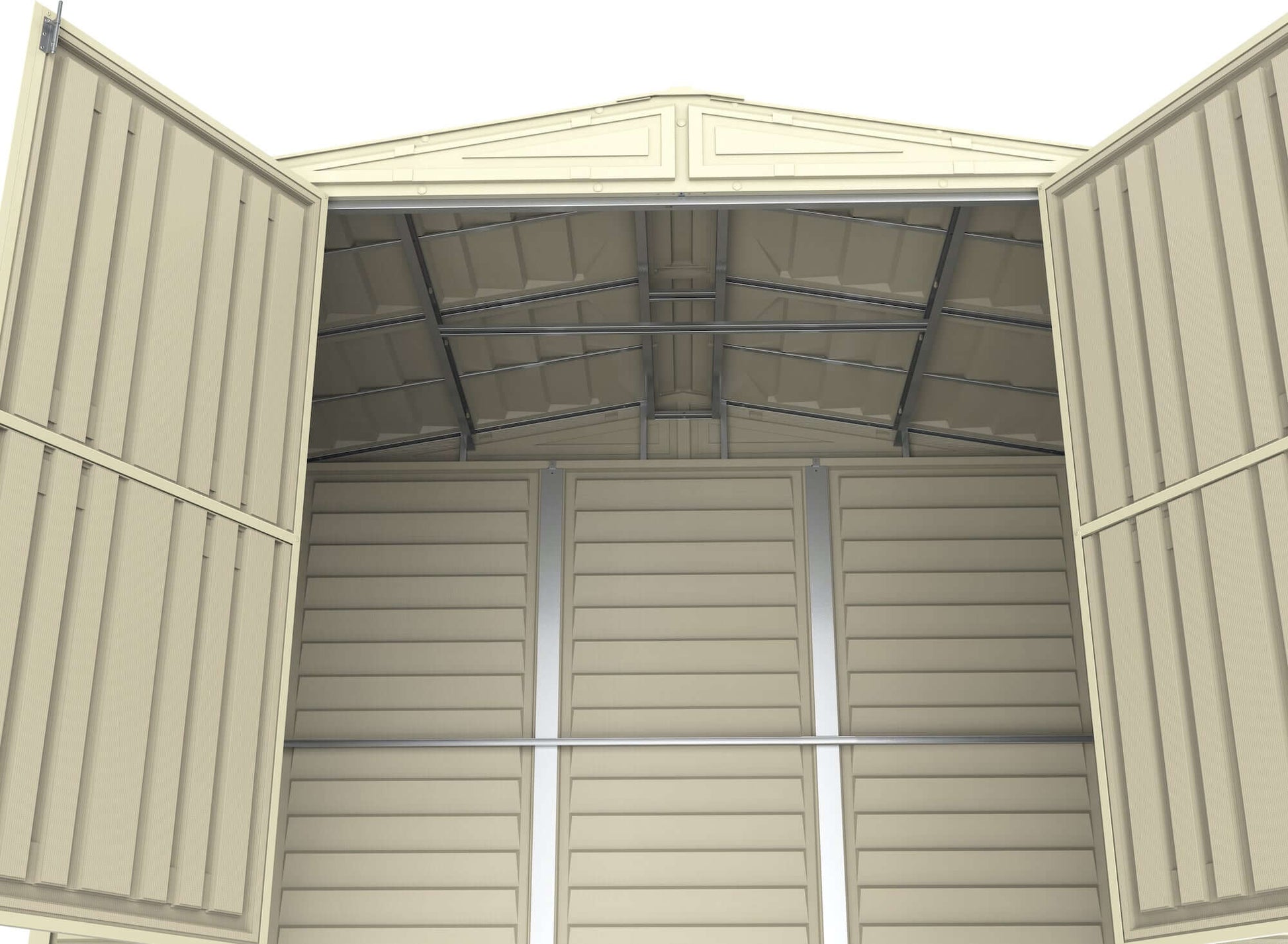 Interior view of Duramax 8x6 DuraMate Vinyl Shed showcasing spacious storage and durable construction.
