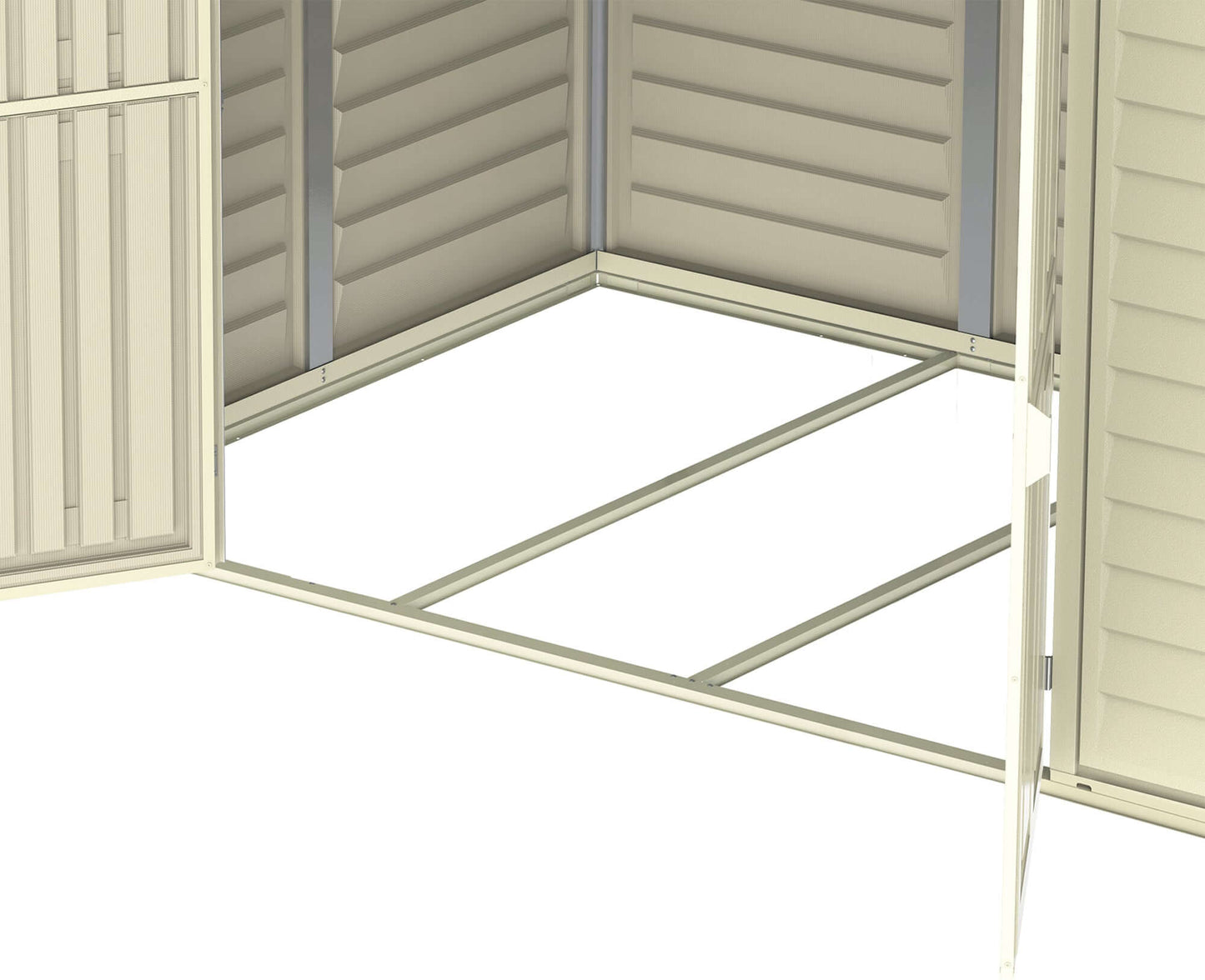 Interior view of the Duramax 8x6 DuraMate Vinyl Shed showing the foundation framing kit.