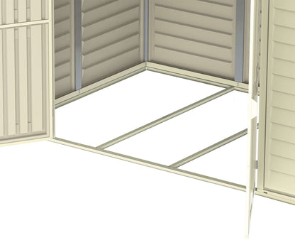 Interior view of the Duramax 8x6 DuraMate Vinyl Shed showing the foundation framing kit.