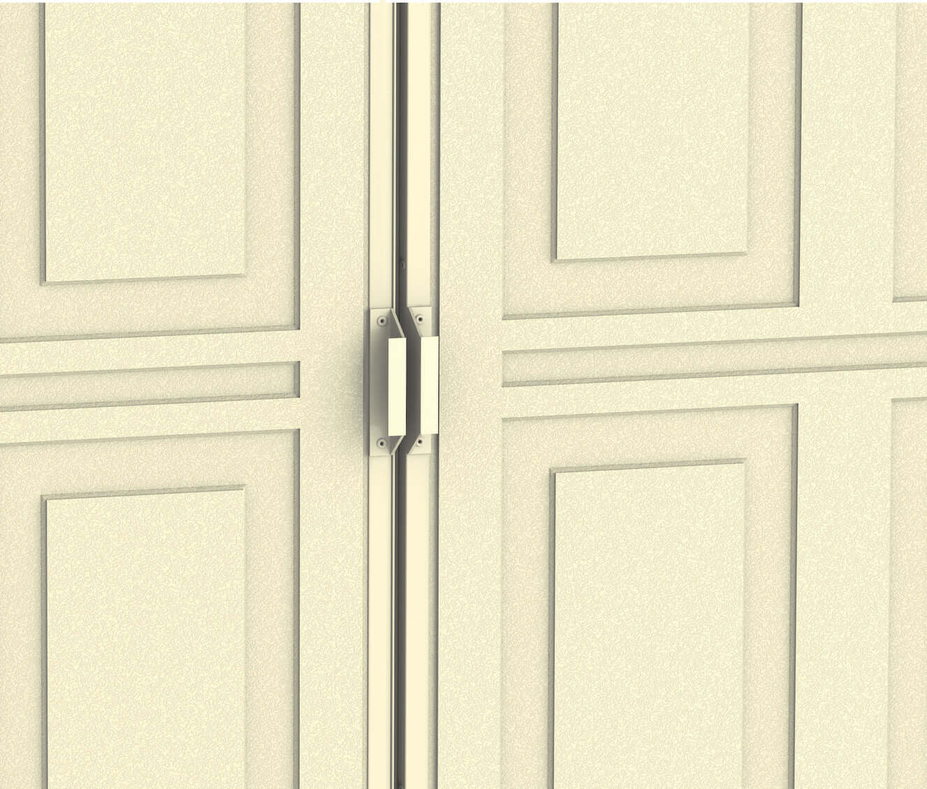 Close-up view of the Duramax 8x6 DuraMate Vinyl Shed door with detailed panel design and durable vinyl construction.