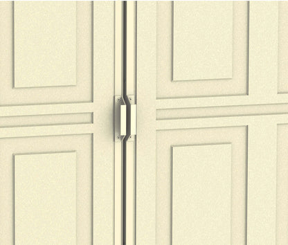 Close-up view of the Duramax 8x6 DuraMate Vinyl Shed door with detailed panel design and durable vinyl construction.