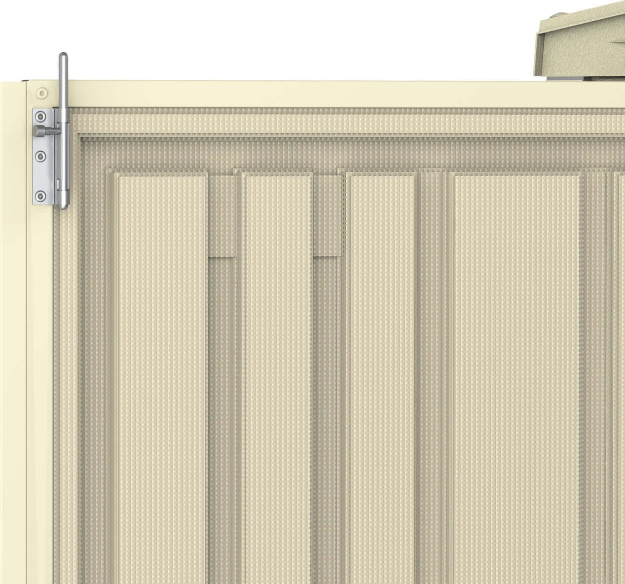 Panel and hinge detail of the Duramax 8x6 DuraMate Vinyl Shed, showcasing the durable design suitable for storage solutions.