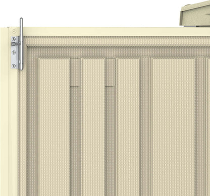 Panel and hinge detail of the Duramax 8x6 DuraMate Vinyl Shed, showcasing the durable design suitable for storage solutions.