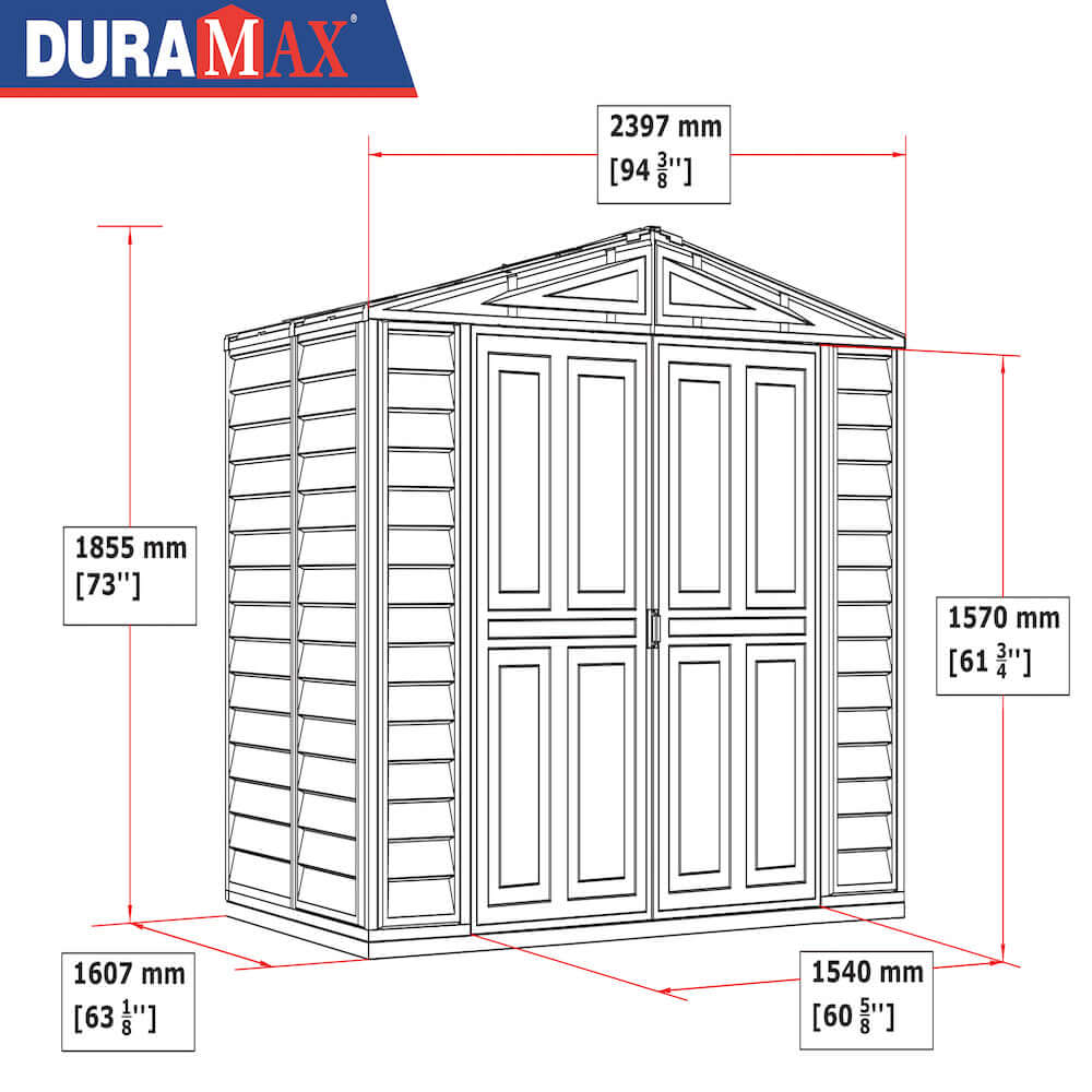 Diagram of Duramax 8x6 DuraMate Vinyl Shed with dimensions, showcasing its spacious storage capacity and durable construction.