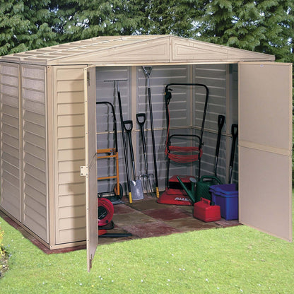 Duramax 8x6 DuraMate Vinyl Shed showing storage for gardening tools, highlighting spacious and durable design with foundation kit included.