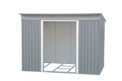 Duramax 8x6 Metal Shed with skylight, featuring pent roof design for enhanced rain runoff, ideal for garden tools and storage solutions.