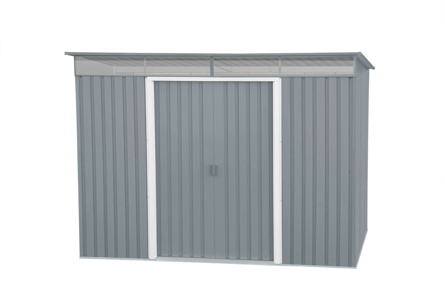 Duramax 8x6 metal shed with skylight and pent roof, gray exterior, offers spacious garden storage for tools and equipment.