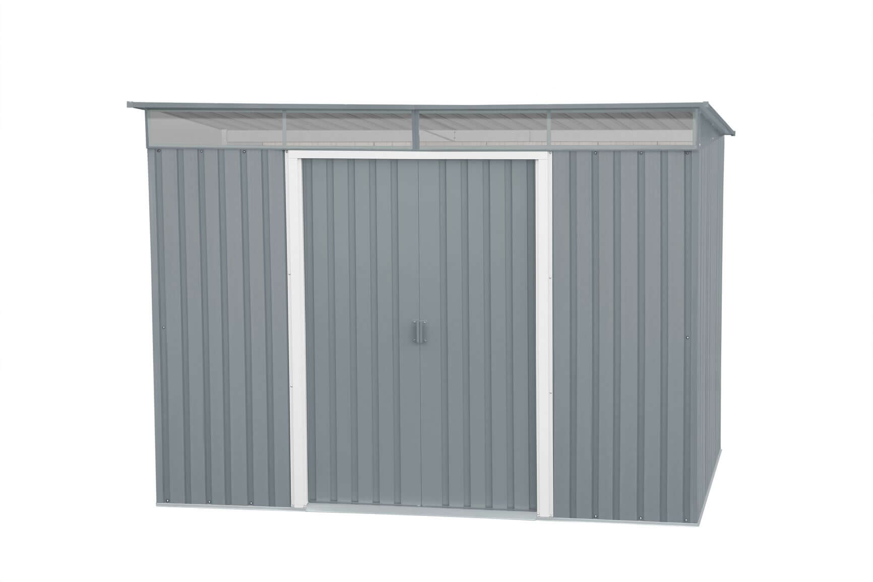 Duramax 8x6 metal shed with skylight and pent roof, gray exterior, offers spacious garden storage for tools and equipment.