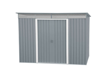 Duramax 8x6 metal shed with skylight and pent roof, gray exterior, offers spacious garden storage for tools and equipment.