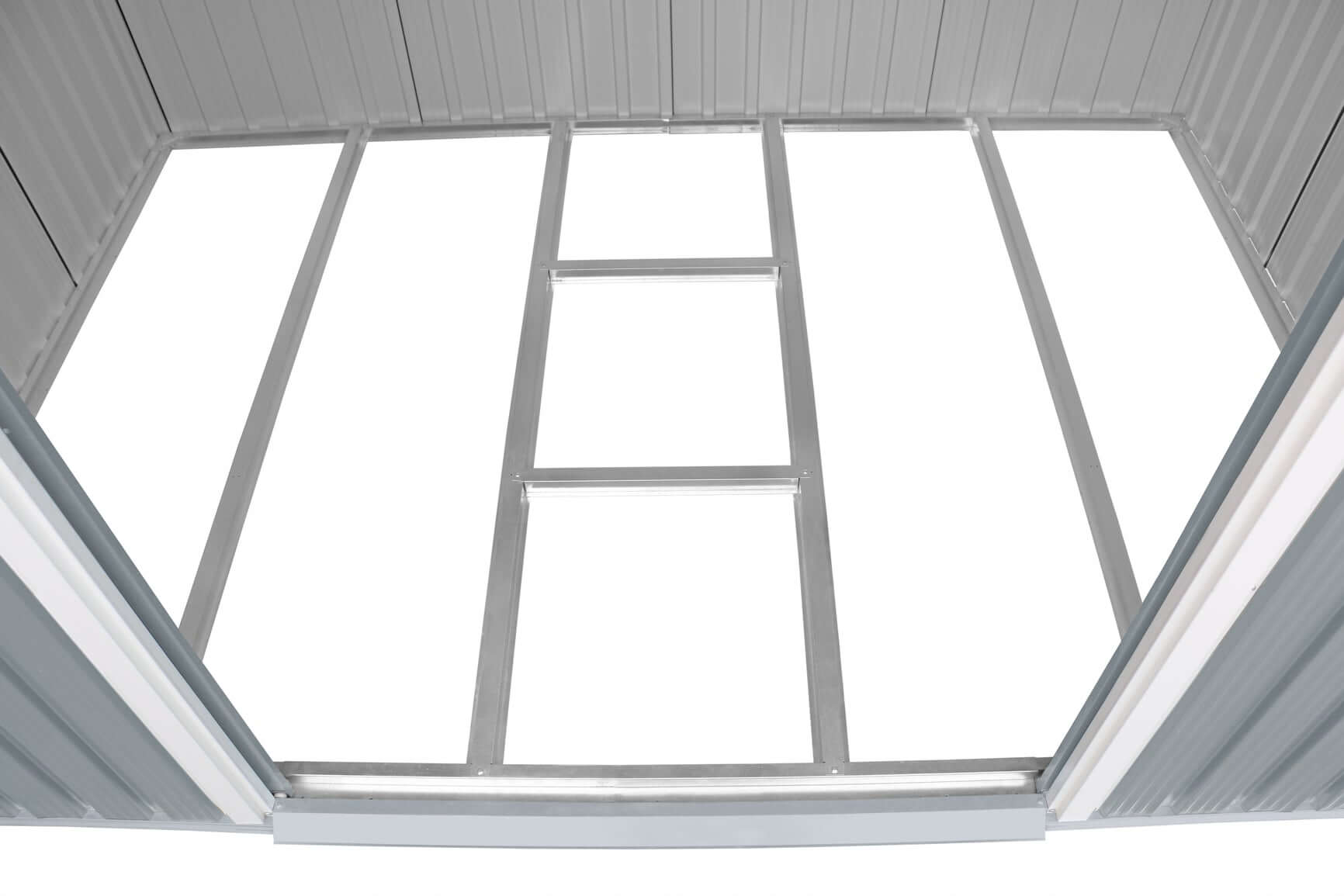 Interior view of a Duramax 8x6 metal shed frame showing ample storage space with durable construction.
