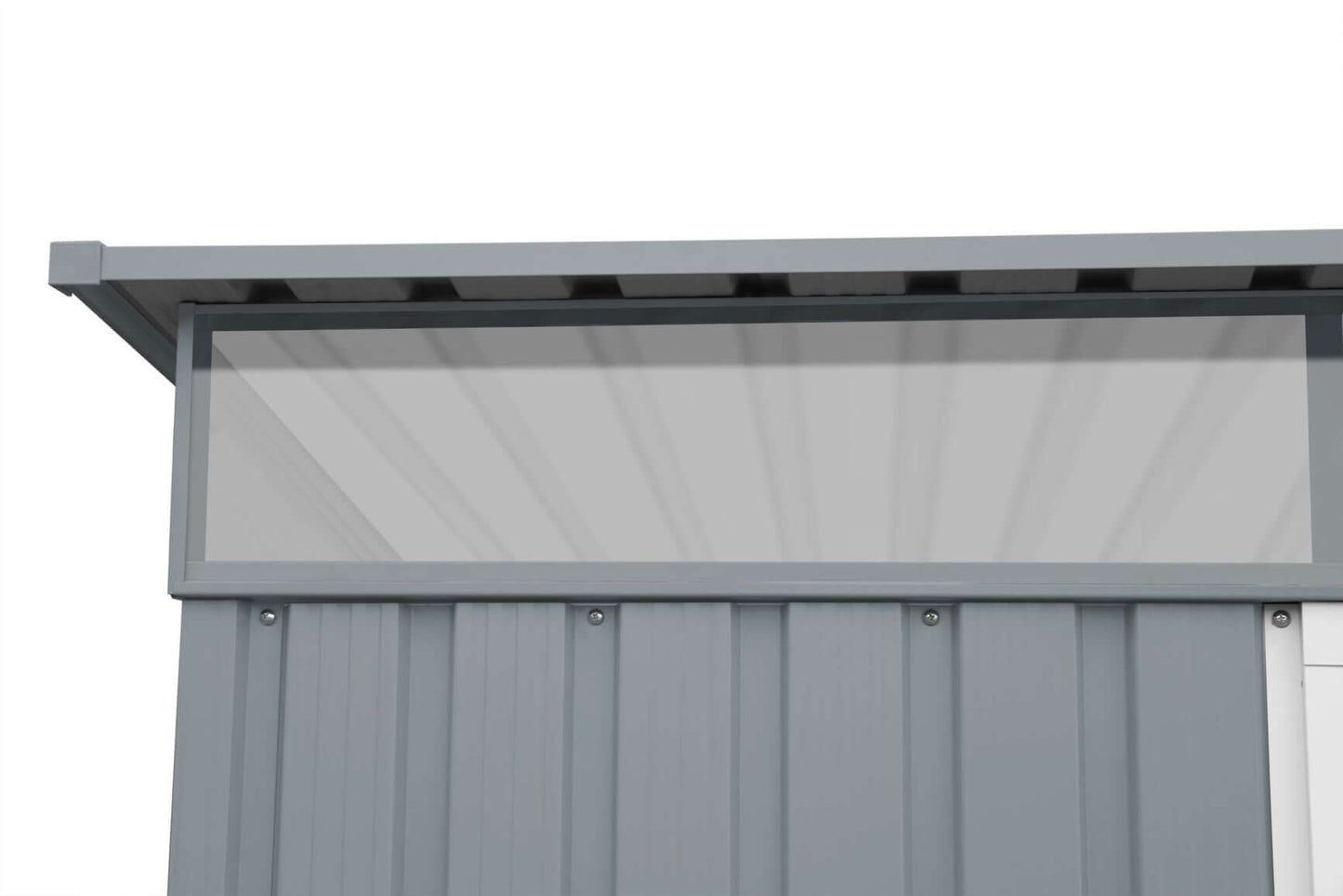 Close-up of the skylight and pent roof of a Duramax metal shed, enhancing natural light and rain runoff efficiency.