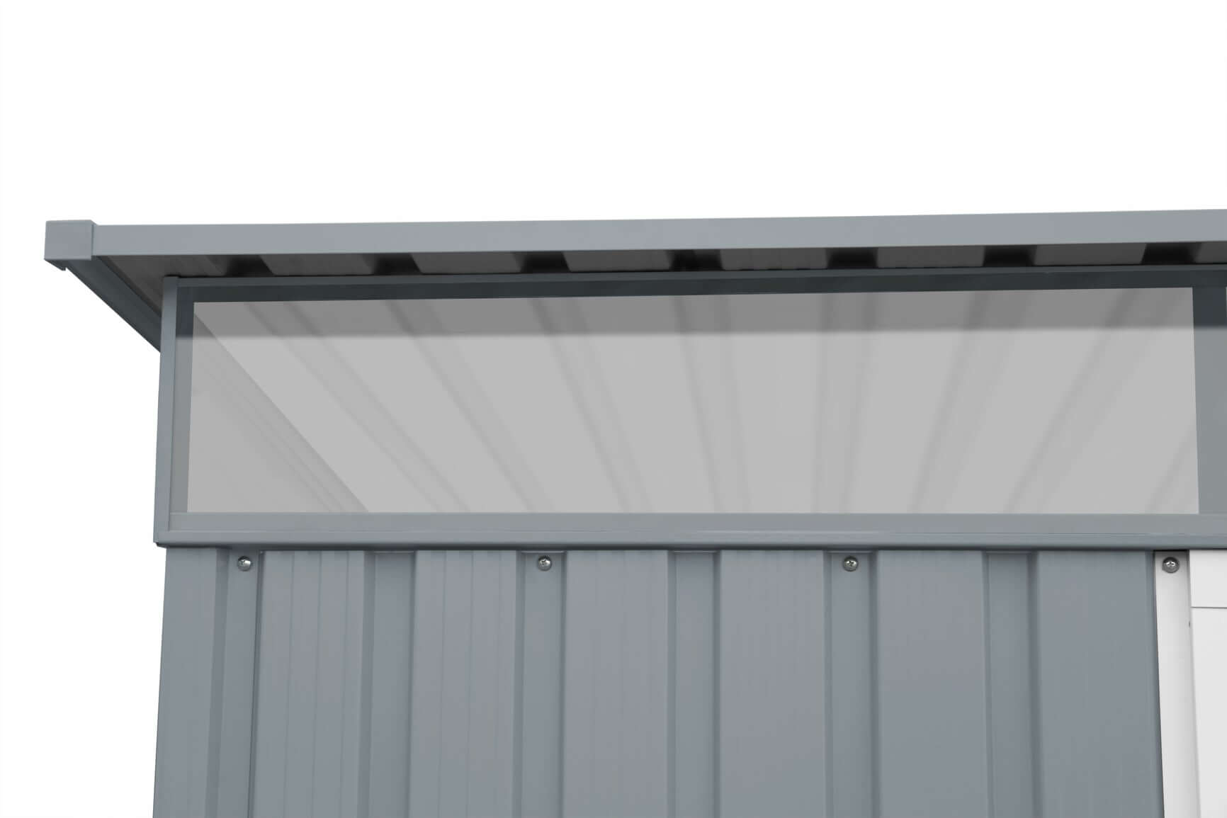 Close-up of the skylight and pent roof of a Duramax metal shed, enhancing natural light and rain runoff efficiency.