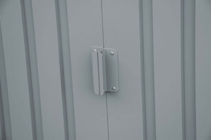 Close-up of a metal handle on the door of a Duramax 8x6 metal shed with skylight.