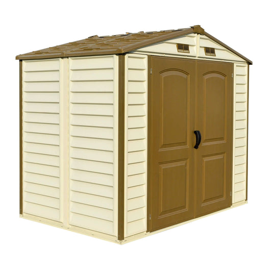 Duramax 8x6 StoreAll Vinyl Shed with brown doors, perfect outdoor storage solution for backyards. Includes foundation. Duramax Sheds. 