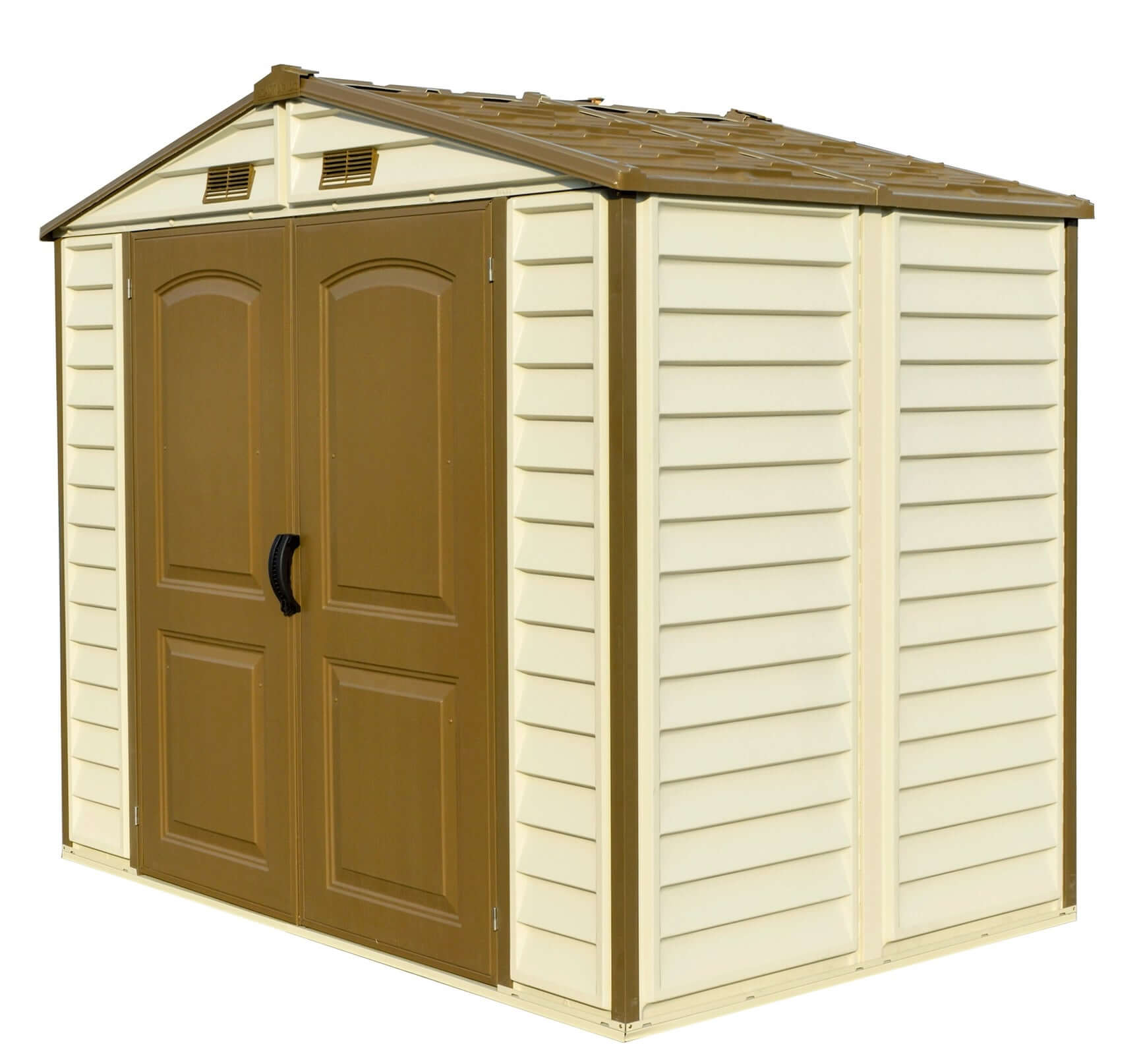 Duramax 8x6 StoreAll Vinyl Shed with Foundation, ideal for outdoor storage solutions. Durable and stylish for any backyard.