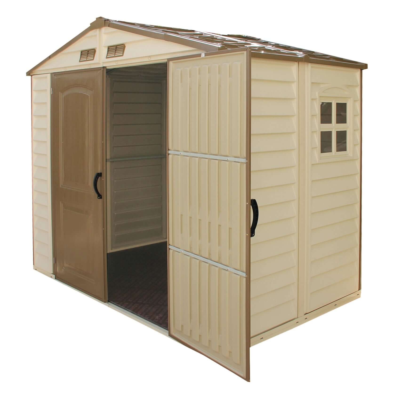 Duramax 8x6 StoreAll Vinyl Shed with open double doors and foundation, ideal outdoor storage solution for backyards.