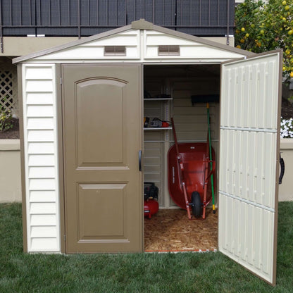 Duramax 8x6 StoreAll Vinyl Shed with open doors showing interior storage, ideal for outdoor use. Keywords: Duramax shed, Duramax Sheds.
