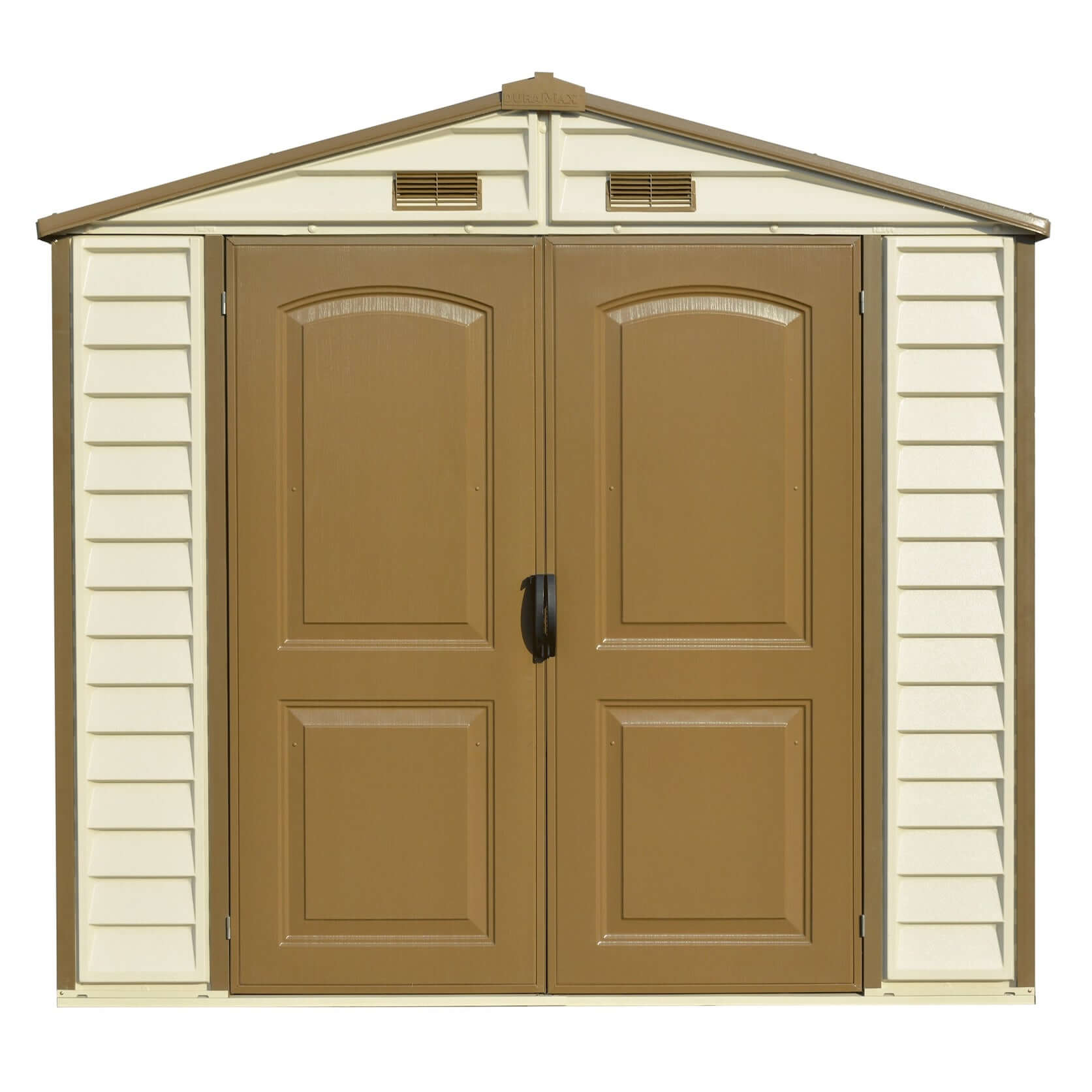 Duramax 8x6 StoreAll Vinyl Shed with foundation, offering robust storage with reinforced wall columns. Ideal for backyard use.