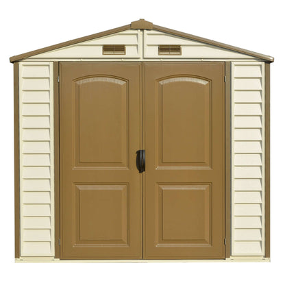 Duramax 8x6 StoreAll Vinyl Shed with foundation, offering robust storage with reinforced wall columns. Ideal for backyard use.