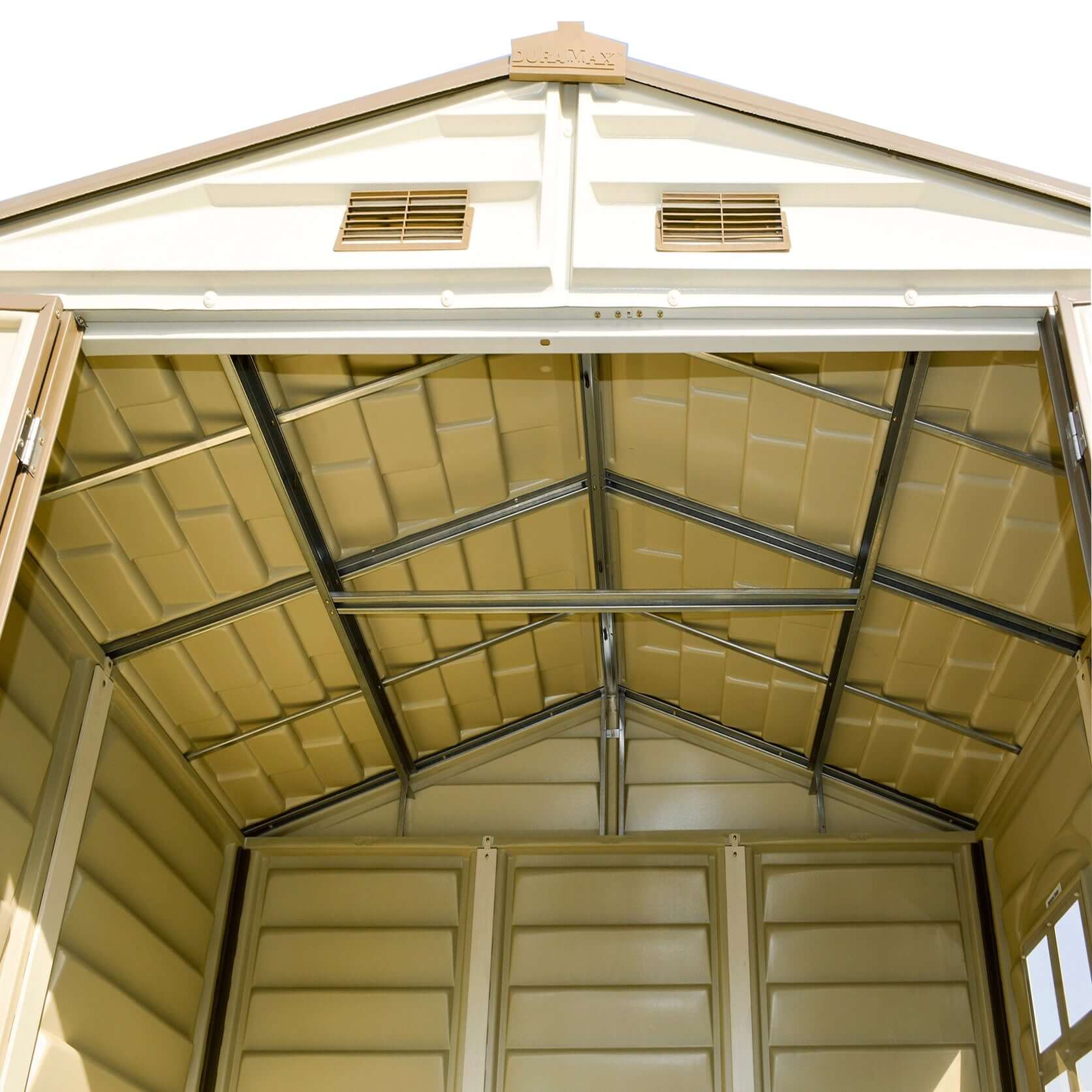 Interior view of Duramax 8x6 StoreAll Vinyl Shed with metal reinforcement for stability, ideal for backyard storage solutions.