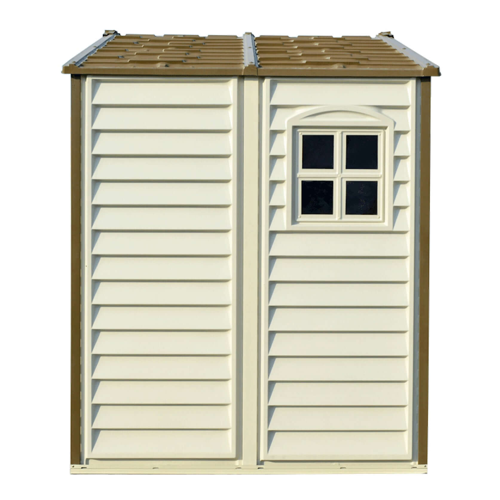 Duramax 8x6 StoreAll Vinyl Shed with Foundation, ideal outdoor storage solution, reinforced with metal, beige color, single window.
