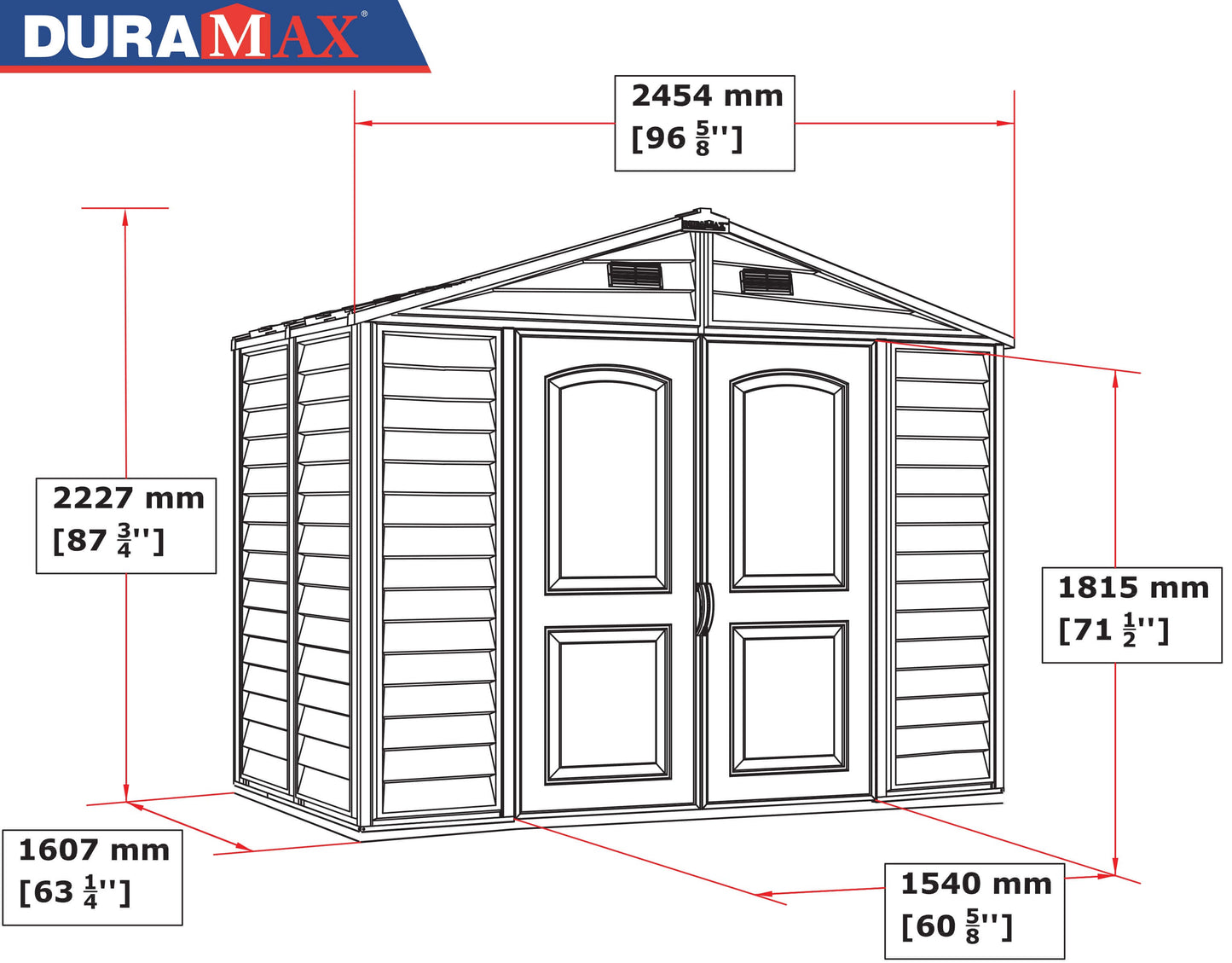 Diagram of Duramax 8x6 StoreAll Vinyl Shed with foundation, including detailed measurements, ideal for extra outdoor storage.