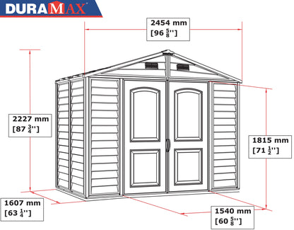 Diagram of Duramax 8x6 StoreAll Vinyl Shed with foundation, including detailed measurements, ideal for extra outdoor storage.