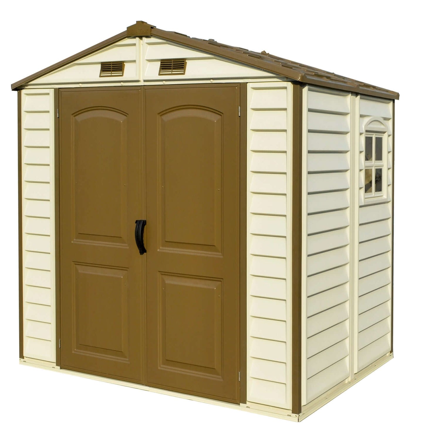 Duramax 8x6 StoreAll Vinyl Shed 30115 with foundation, ideal outdoor storage solution for backyards, featuring robust wall columns.