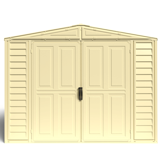 Front view of a Duramax 8x8 DuraMate vinyl shed with double doors and reinforced walls, ideal for backyard storage. 