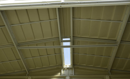Interior view of a Duramax 8x8 DuraMate vinyl shed roof showing metal reinforcement beams and ceiling design.