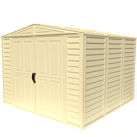 Duramax 8x8 DuraMate Vinyl Shed with metal-reinforced walls and double doors, ideal for backyard storage. 