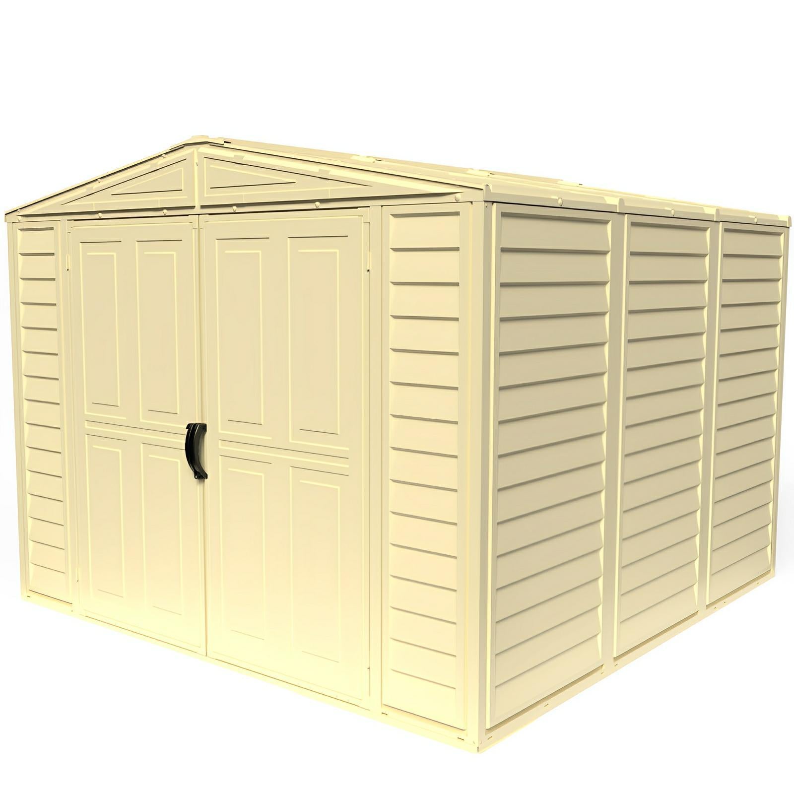 Duramax 8x8 DuraMate Vinyl Shed with metal-reinforced walls and double doors, ideal for backyard storage.