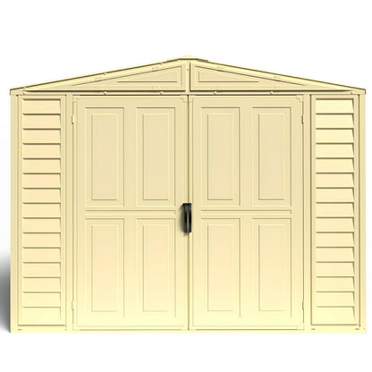 Front view of a Duramax 8x8 DuraMate vinyl shed with double doors and reinforced walls, ideal for backyard storage.