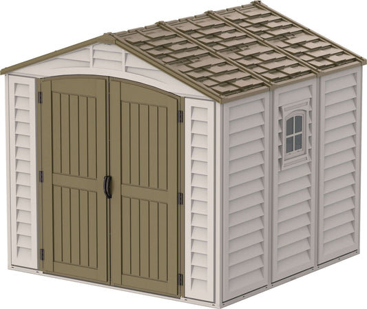 Duramax 8x8 DuraPLUS Vinyl Shed with tan doors, showcasing durable fire-retardant vinyl resin for garden or backyard storage. 