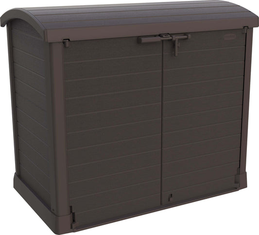 Duramax Storeaway Arc Lid 1200L Brown shed for outdoor storage of tools and bikes, featuring wide-opening doors and weatherproof plastic design.