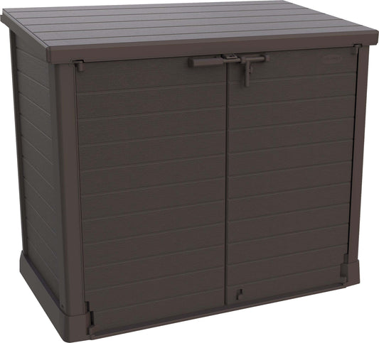 Duramax Storeaway 1200L garden shed, brown, featuring durable plastic construction and wide-opening doors for easy outdoor storage.