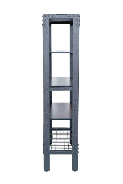 Side view of Duramax Industrial Metal and Wood Storage Shelving with acacia wood shelves and wire rack, ideal for home organization.