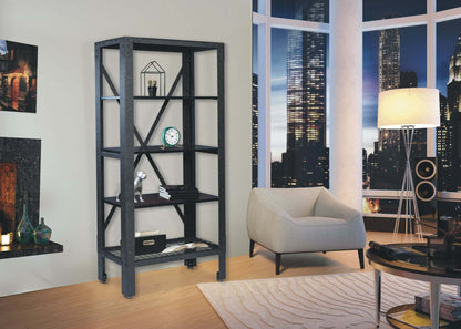 Modern living room featuring Duramax metal and wood storage shelving with three acacia wood shelves and a black wire rack.
