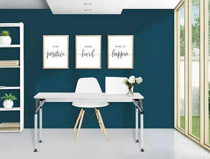 Duramax Ramo Desk in a modern room with decorative art, featuring aluminum legs and die-cast corners, blending style and function.