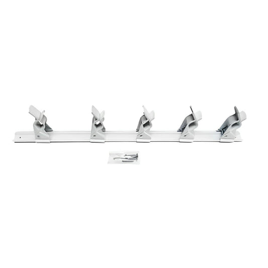 White Steel Multi-Tool Hanger by Duramax for Sheds, featuring five spring-loaded clasps for organizing tools.