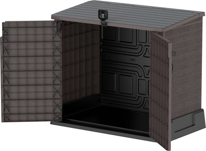 Alt Tag: Duramax Storeaway 850L brown garden shed with open doors showing storage space for tools, bikes, and BBQs.