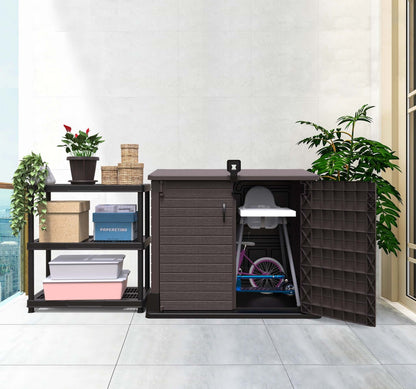 Duramax Storeaway brown 850L garden shed with wide-open door showing storage space for outdoor tools and bicycles, weatherproof