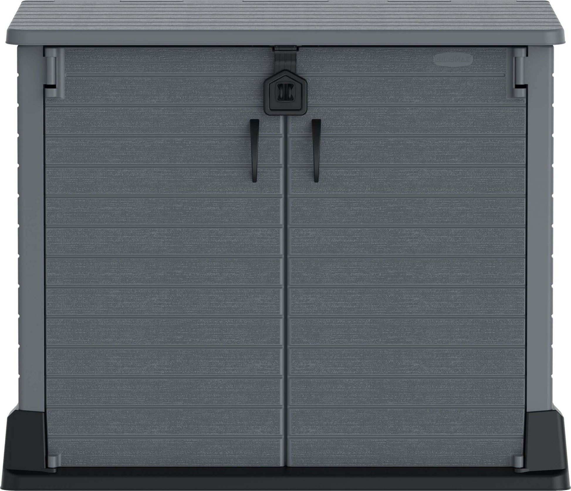 Duramax Storeaway 850L gray garden shed with wide-opening doors for outdoor storage of tools and bicycles, model 86620.