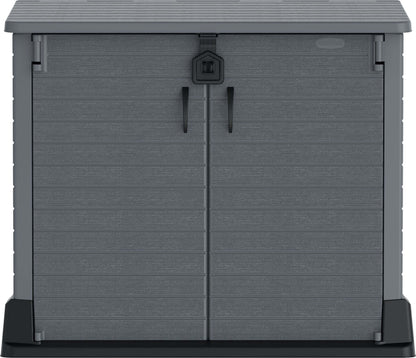 Duramax Storeaway 850L gray garden shed with wide-opening doors for outdoor storage of tools and bicycles, model 86620.